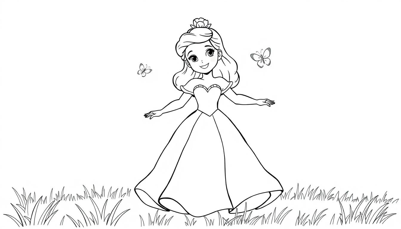 Eine schwarz-weiße Farbtafel-Zeichnung einer lächelnden Cartoon-Prinzessin mit ausgestreckten Armen auf einer Wiese, umgeben von Schmetterlingen.