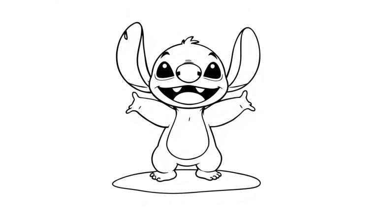 Eine schwarz-weiße Farbtafel von Stitch, der fröhlich winkt.