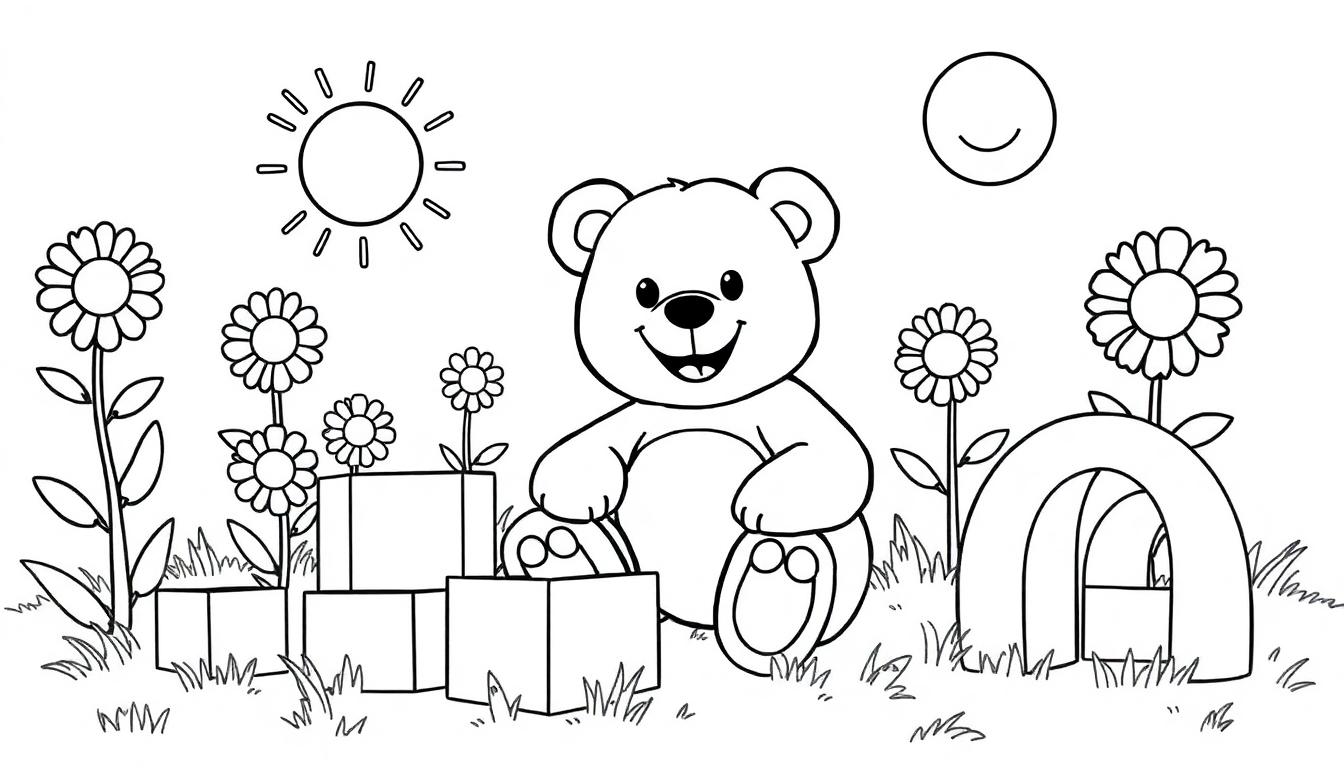 Ein Teddybär spielt mit Bauklötzen in einem Garten.