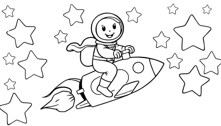 Schwarz-Weiß-Farbtafel eines lachenden Astronauten, der auf einer Rakete durch den Weltraum reitet, umgeben von Sternen.