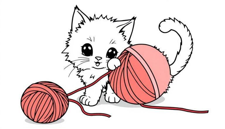 Eine süße, gezeichnete weiße Katze spielt mit zwei rosa Wollknäueln. Dieses Bild ist eine Farbtafel zum Ausmalen.