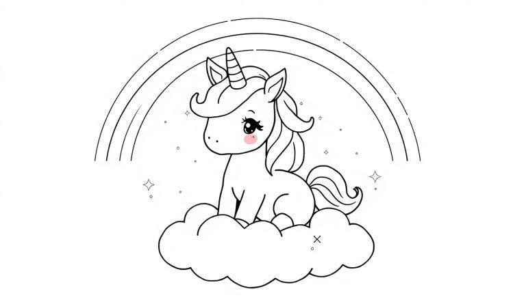 Eine Kawaii-Farbtafel eines Einhorns mit Glitzer, das auf einer Wolke vor einem Regenbogen sitzt.