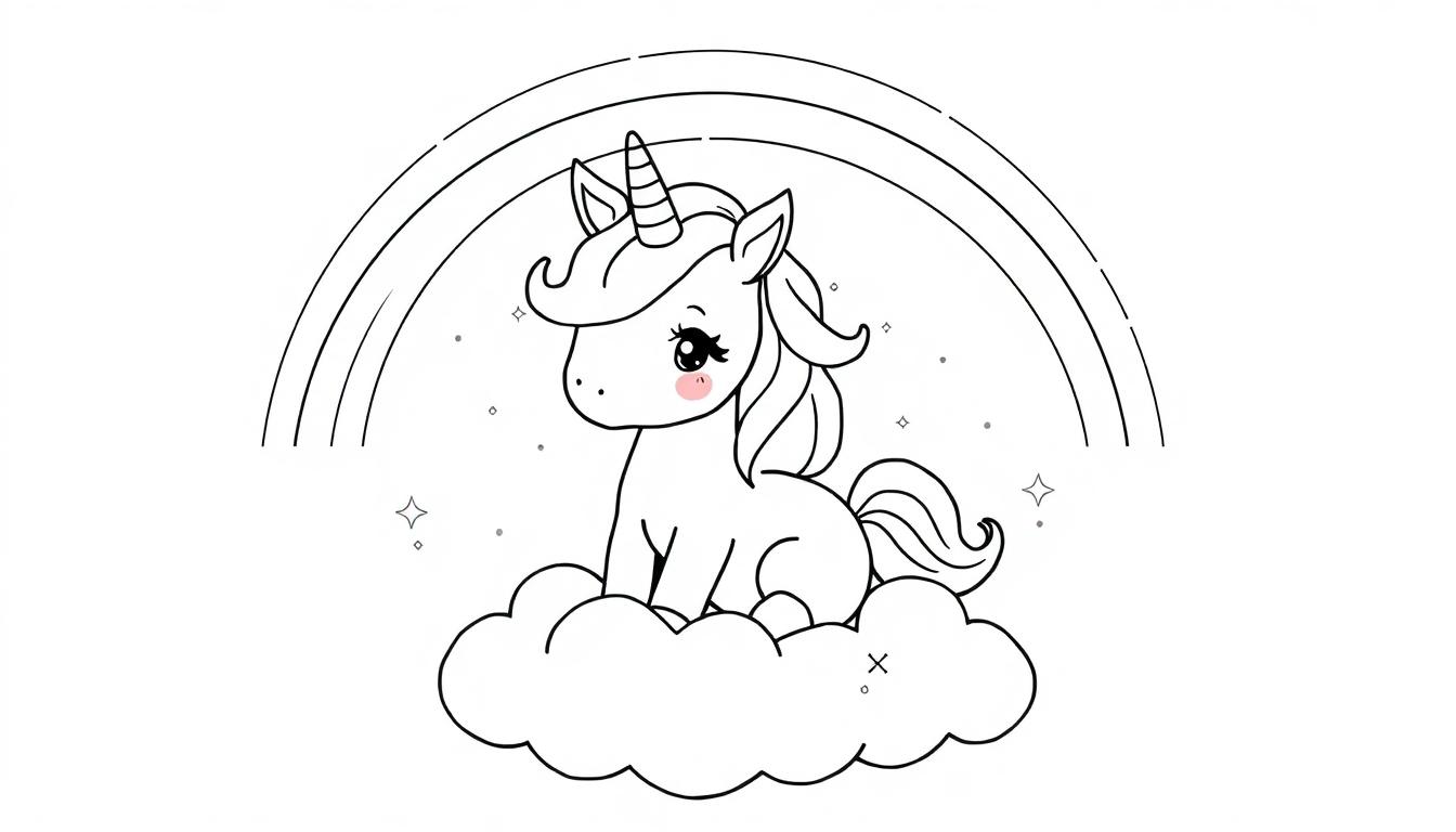 Eine Kawaii-Farbtafel eines Einhorns mit Glitzer, das auf einer Wolke vor einem Regenbogen sitzt.