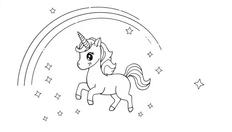 Ein niedliches Einhorn mit lockigem Fell unter einem Regenbogen, umgeben von Sternen. Schwarz-Weiß-Farbtafel-Ausmalbild.