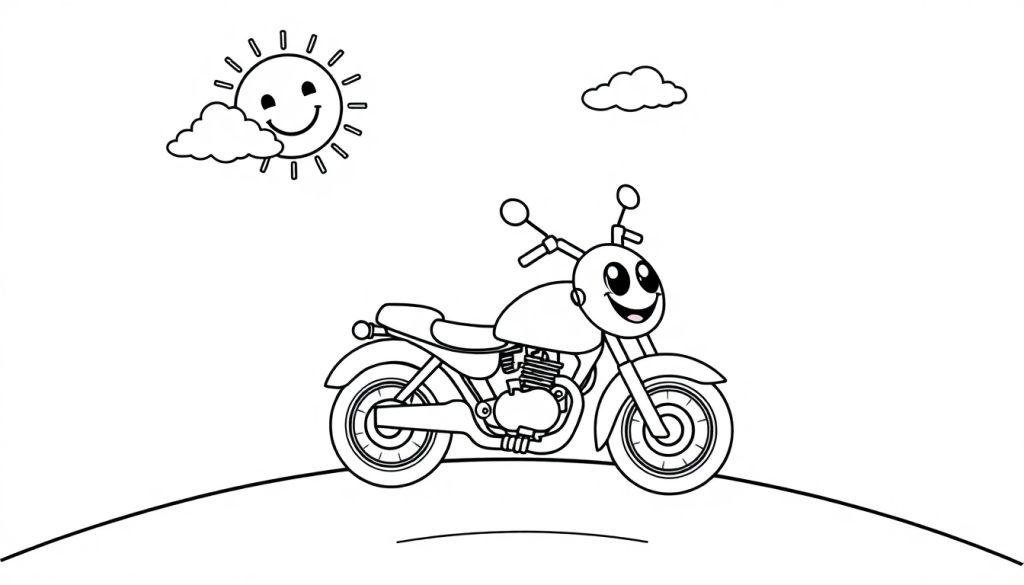 Eine Schwarz-Weiß-Farbtafel eines lächelnden Cartoon-Motorrads auf einer Straße mit einer lachenden Sonne und Wolken.