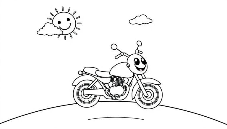 Eine Schwarz-Weiß-Farbtafel eines lächelnden Cartoon-Motorrads auf einer Straße mit einer lachenden Sonne und Wolken.