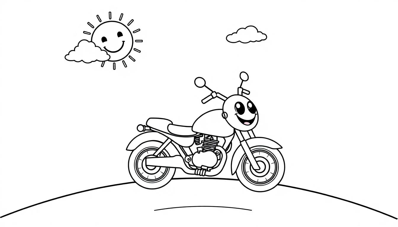 Eine Schwarz-Weiß-Farbtafel eines lächelnden Cartoon-Motorrads auf einer Straße mit einer lachenden Sonne und Wolken.