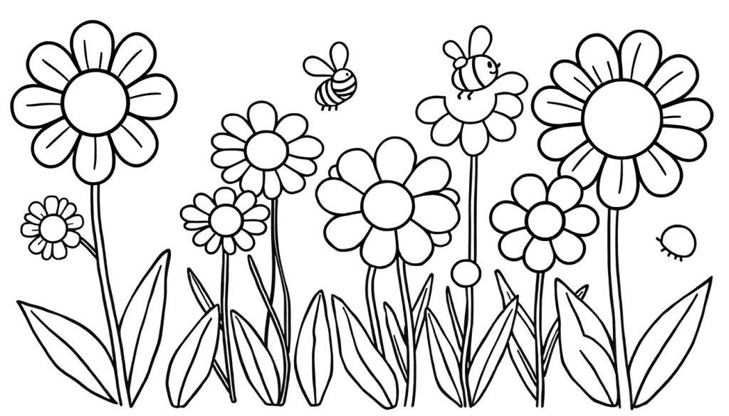 Eine Schwarz-Weiß-Farbtafel mit Gänseblümchen und Bienen zum Ausmalen.