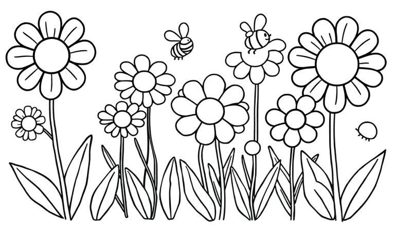Eine Schwarz-Weiß-Farbtafel mit Gänseblümchen und Bienen zum Ausmalen.