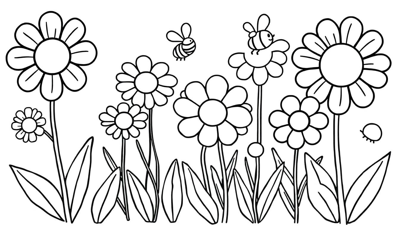 Eine Schwarz-Weiß-Farbtafel mit Gänseblümchen und Bienen zum Ausmalen.