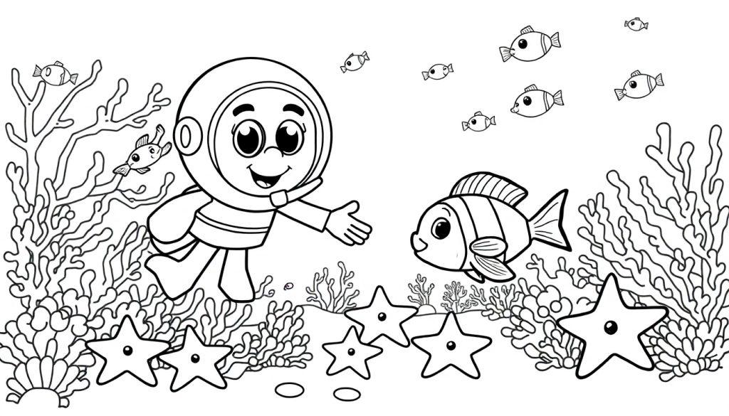 Schwarz-weiß Farbtafel eines fröhlichen Astronauten, der in einem Tauchanzug unter Wasser erkundet und nach vorne greift, umgeben von freundlichen Meeresbewohnern wie einem Clownfisch und Seesternen.