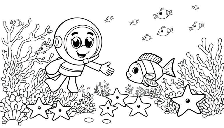 Schwarz-weiß Farbtafel eines fröhlichen Astronauten, der in einem Tauchanzug unter Wasser erkundet und nach vorne greift, umgeben von freundlichen Meeresbewohnern wie einem Clownfisch und Seesternen.