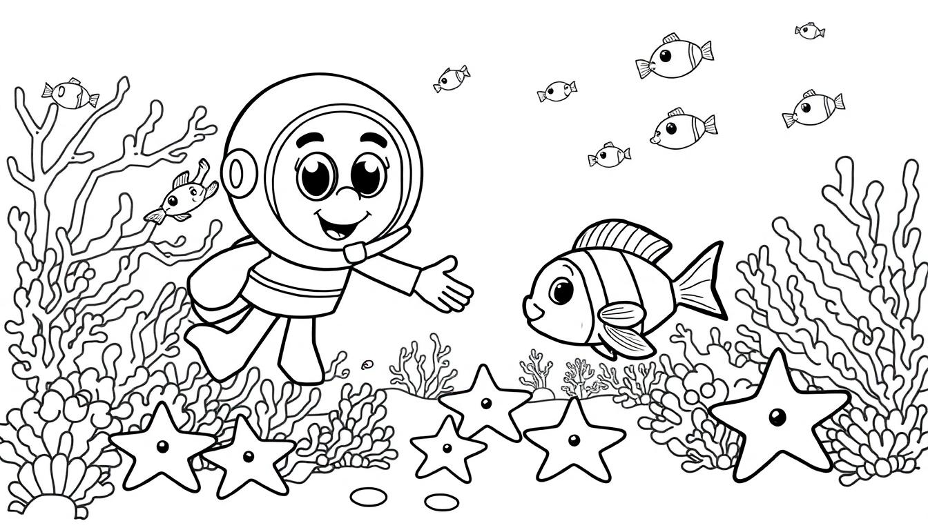 Schwarz-weiß Farbtafel eines fröhlichen Astronauten, der in einem Tauchanzug unter Wasser erkundet und nach vorne greift, umgeben von freundlichen Meeresbewohnern wie einem Clownfisch und Seesternen.