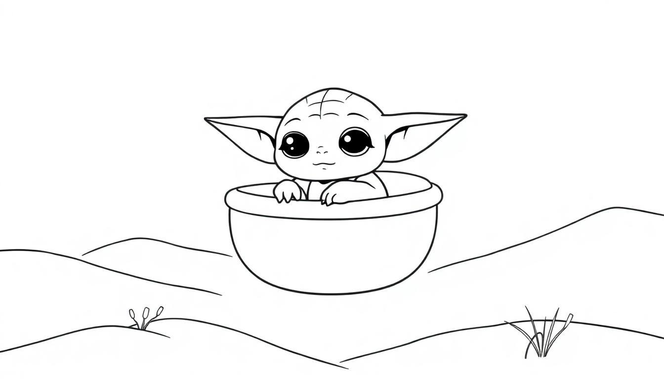 Eine Schwarz-Weiß-Zeichnung von Baby Yoda, der in seiner Kapsel sitzt.