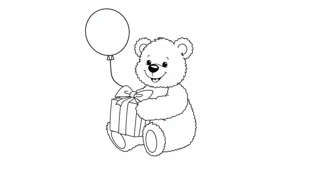 Schwarz-weiße Farbtafel eines niedlichen Cartoon-Teddybären, der ein Geschenk und einen Ballon hält.