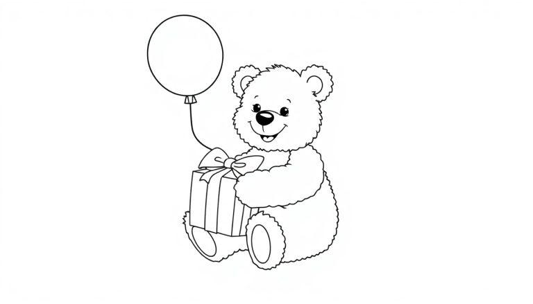 Schwarz-weiße Farbtafel eines niedlichen Cartoon-Teddybären, der ein Geschenk und einen Ballon hält.