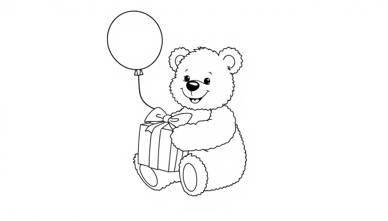 Schwarz-weiße Farbtafel eines niedlichen Cartoon-Teddybären, der ein Geschenk und einen Ballon hält.