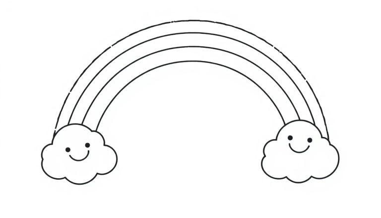 Schwarz-weißer Ausmal-Regenbogen mit vier Bögen und lächelnden Wolken, als Farbtafel.