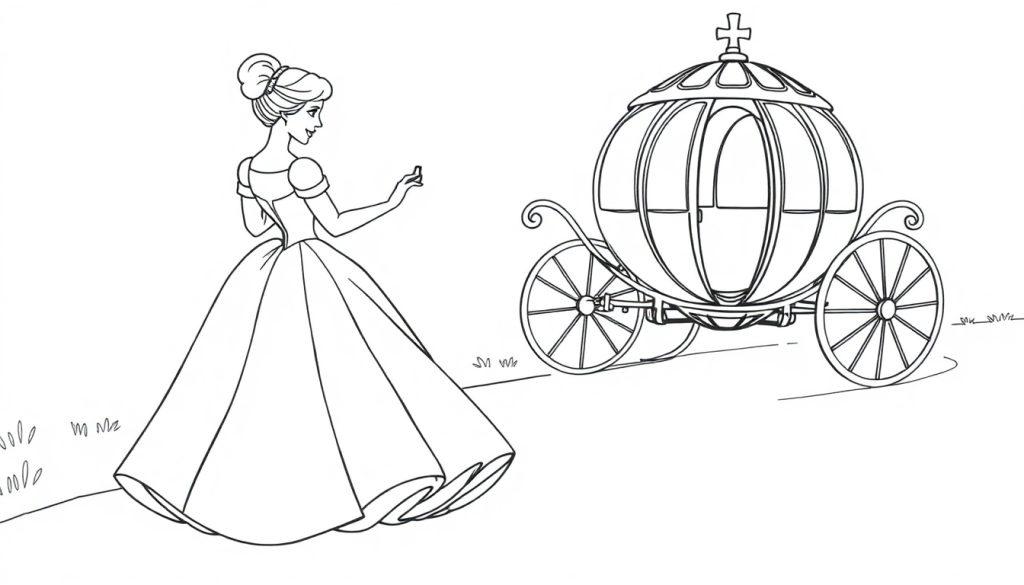 Schwarz-weiße Farbtafel-Zeichnung von Cinderella im Ballkleid, die neben ihrer prächtigen Kutsche steht, bereit für den Ball.