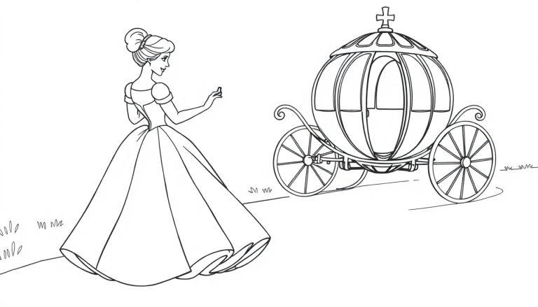 Schwarz-weiße Farbtafel-Zeichnung von Cinderella im Ballkleid, die neben ihrer prächtigen Kutsche steht, bereit für den Ball.