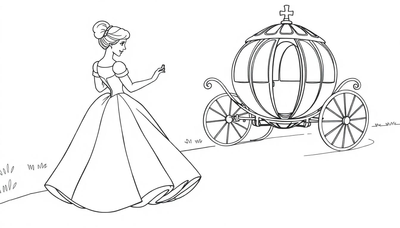 Schwarz-weiße Farbtafel-Zeichnung von Cinderella im Ballkleid, die neben ihrer prächtigen Kutsche steht, bereit für den Ball.