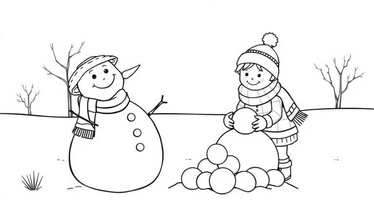 Schwarz-weiße Farbtafel-Zeichnung eines Kindes, das mit einem Schneemann spielt.