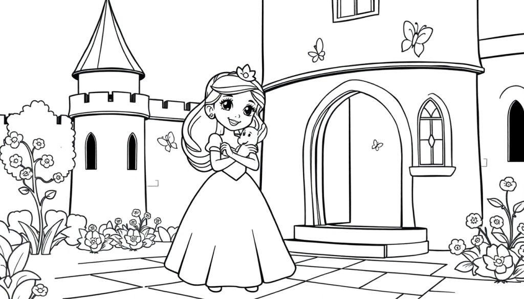 Schwarz-weiße Farbtafel einer Prinzessin mit Tiara, die ein Häschen vor einem Märchenschloss hält.