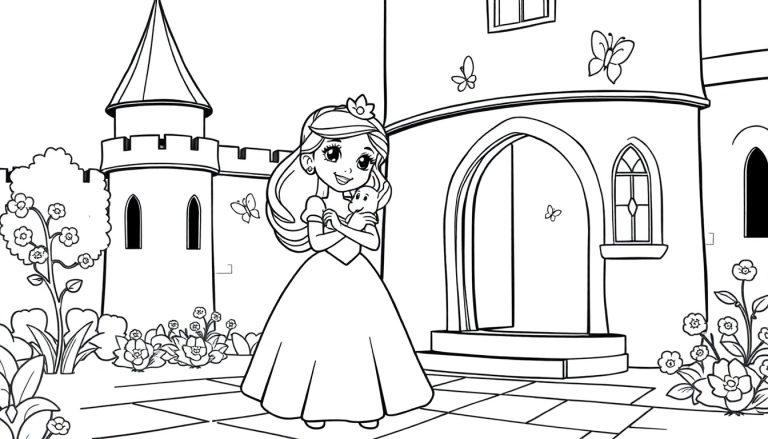 Schwarz-weiße Farbtafel einer Prinzessin mit Tiara, die ein Häschen vor einem Märchenschloss hält.