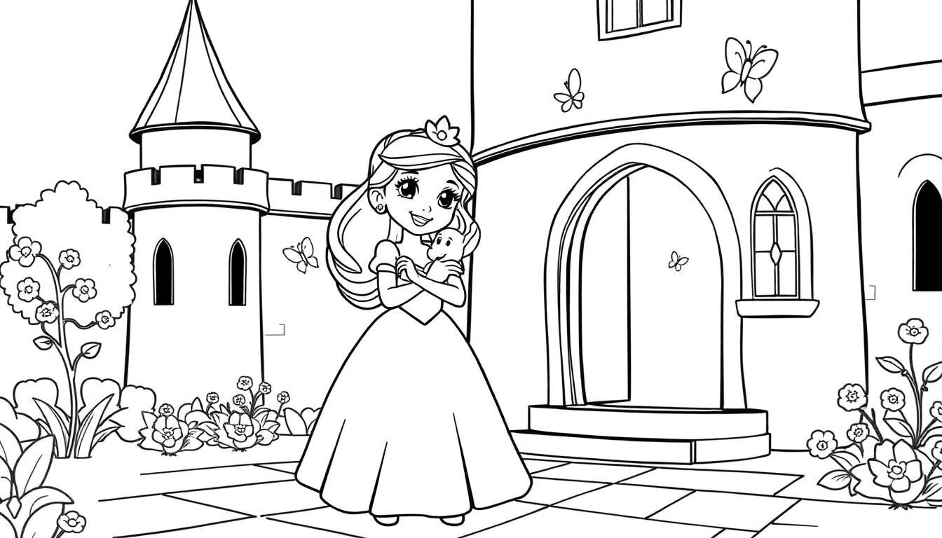 Schwarz-weiße Farbtafel einer Prinzessin mit Tiara, die ein Häschen vor einem Märchenschloss hält.