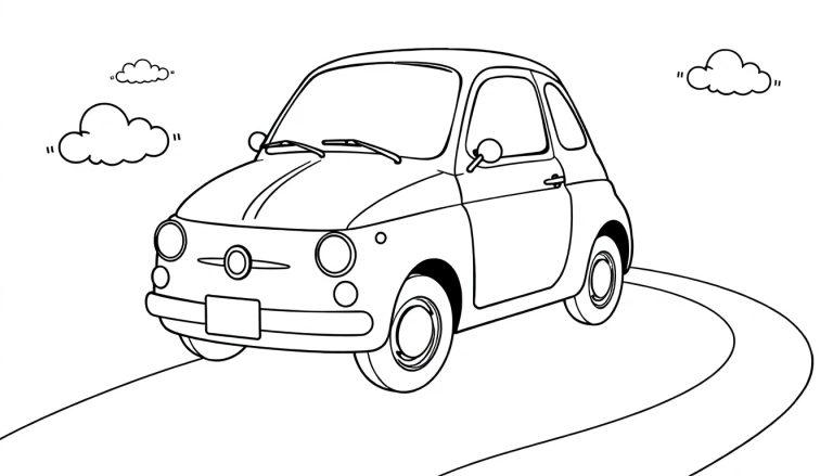 Schwarz-weiße Farbtafel eines klassischen Autos, das auf einer gewundenen Straße fährt, mit Wolken im Hintergrund, ideal zum Ausmalen.