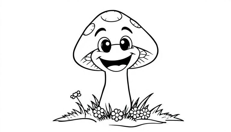 Eine schwarz-weiße Farbtafel-Illustration eines fröhlichen, lächelnden Pilzes mit großen Augen inmitten von Gras und Blumen.