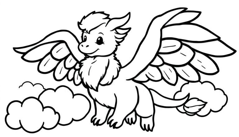 Ein niedlicher Cartoon-Greif, eine Farbtafel, fliegt fröhlich durch die Wolken.