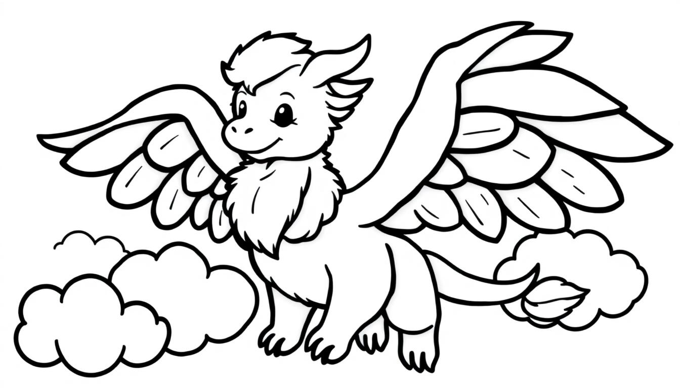 Ein niedlicher Cartoon-Greif, eine Farbtafel, fliegt fröhlich durch die Wolken.