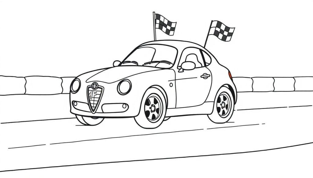 Eine schwarz-weiße Farbtafel-Zeichnung eines kleinen Alfa Romeos auf einer Rennstrecke.