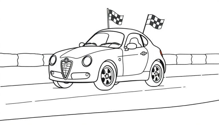 Eine schwarz-weiße Farbtafel-Zeichnung eines kleinen Alfa Romeos auf einer Rennstrecke.
