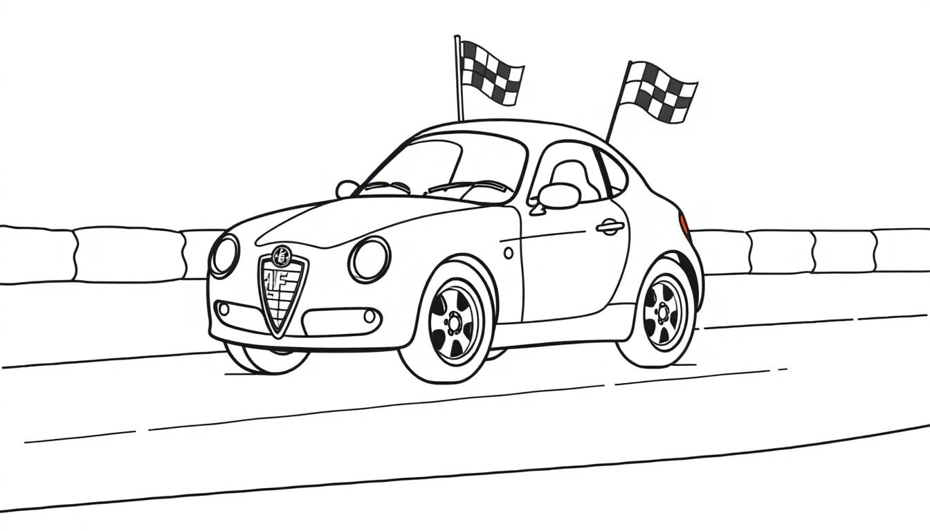 Eine schwarz-weiße Farbtafel-Zeichnung eines kleinen Alfa Romeos auf einer Rennstrecke.