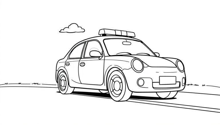Schwarz-weiße Farbtafel-Zeichnung eines freundlichen Cartoon-Polizeiautos auf einer Straße.