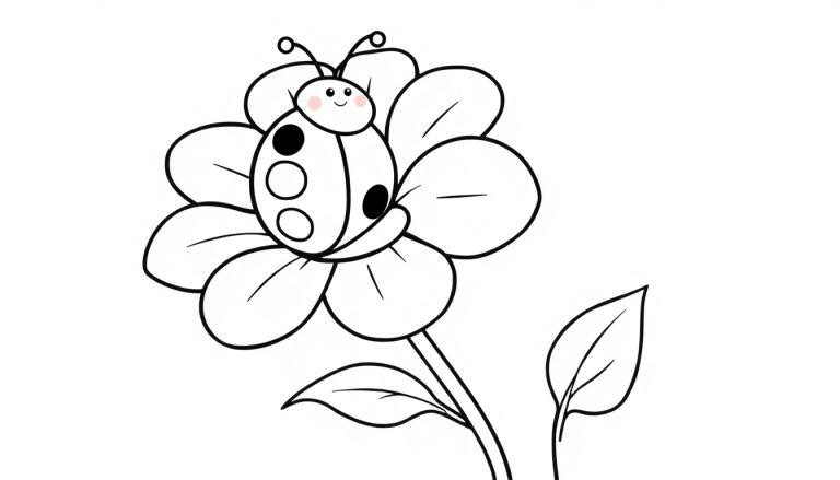 Schwarz-Weiß-Farbtafel eines niedlichen Marienkäfers auf einer Blume.