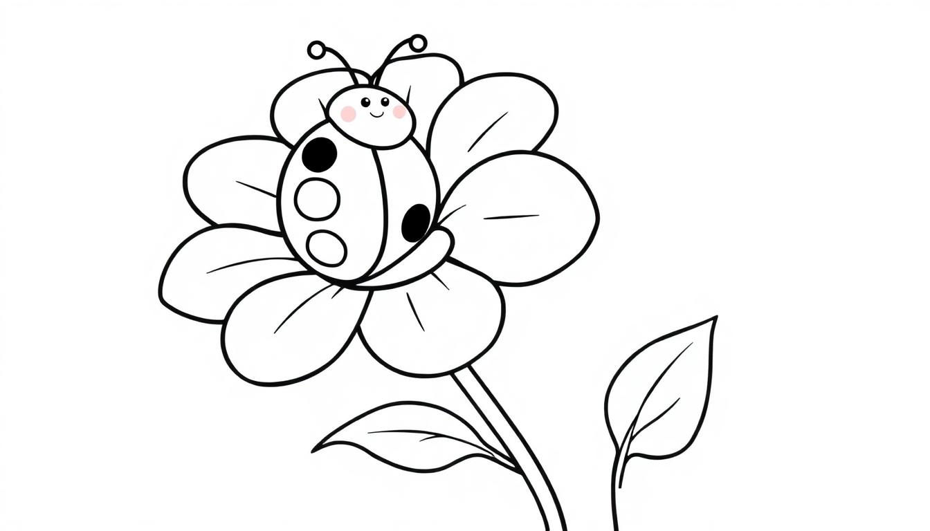 Schwarz-Weiß-Farbtafel eines niedlichen Marienkäfers auf einer Blume.