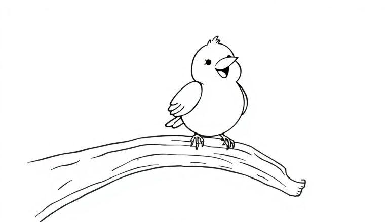 Schwarz-weiße Farbtafel-Zeichnung eines pummeligen Vogels mit einem breiten Lächeln, der auf einem Ast sitzt.