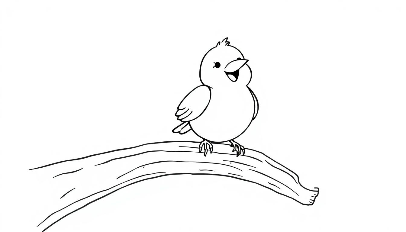 Schwarz-weiße Farbtafel-Zeichnung eines pummeligen Vogels mit einem breiten Lächeln, der auf einem Ast sitzt.