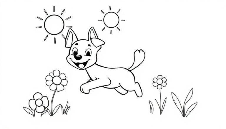 Eine Schwarz-Weiß-Farbtafel von Bluey, die freudig in der Luft springt, mit stilisierten Sonnen und Blumen im Hintergrund.