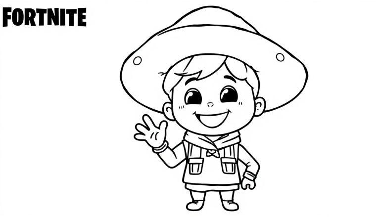 Fortnite Farbtafel Chibi Figur winkt mit Hut.