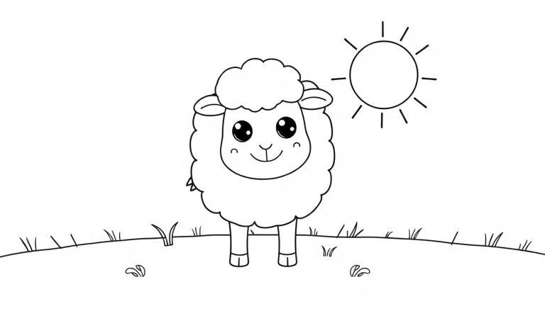 Eine niedliche schwarz-weiße Zeichnung eines Schafs auf einem Hügel unter der Sonne, bereit zum Ausmalen, Teil einer Farbtafel.