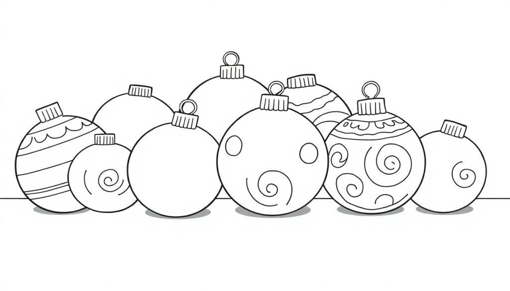 Eine Schwarz-Weiß-Farbtafel von niedlichen Weihnachtskugeln mit Mustern zum Ausmalen.