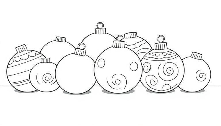Eine Schwarz-Weiß-Farbtafel von niedlichen Weihnachtskugeln mit Mustern zum Ausmalen.