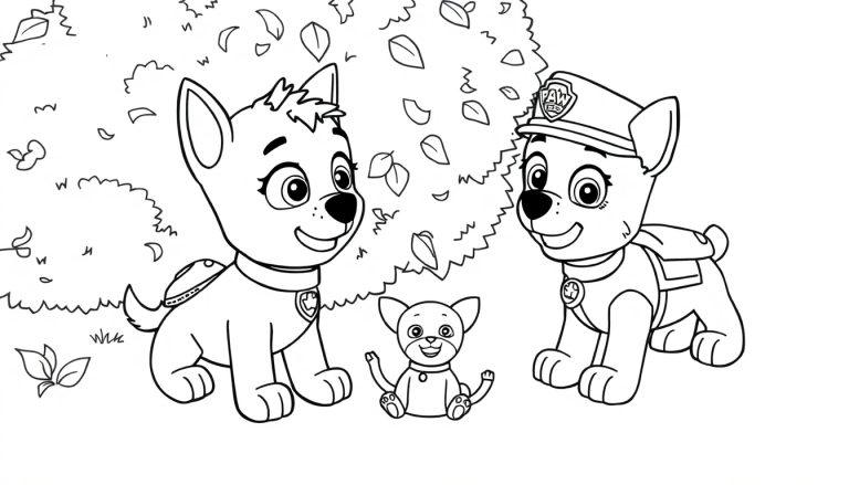 Farbtafel: Chase und Marshall von Paw Patrol mit einem Kätzchen.