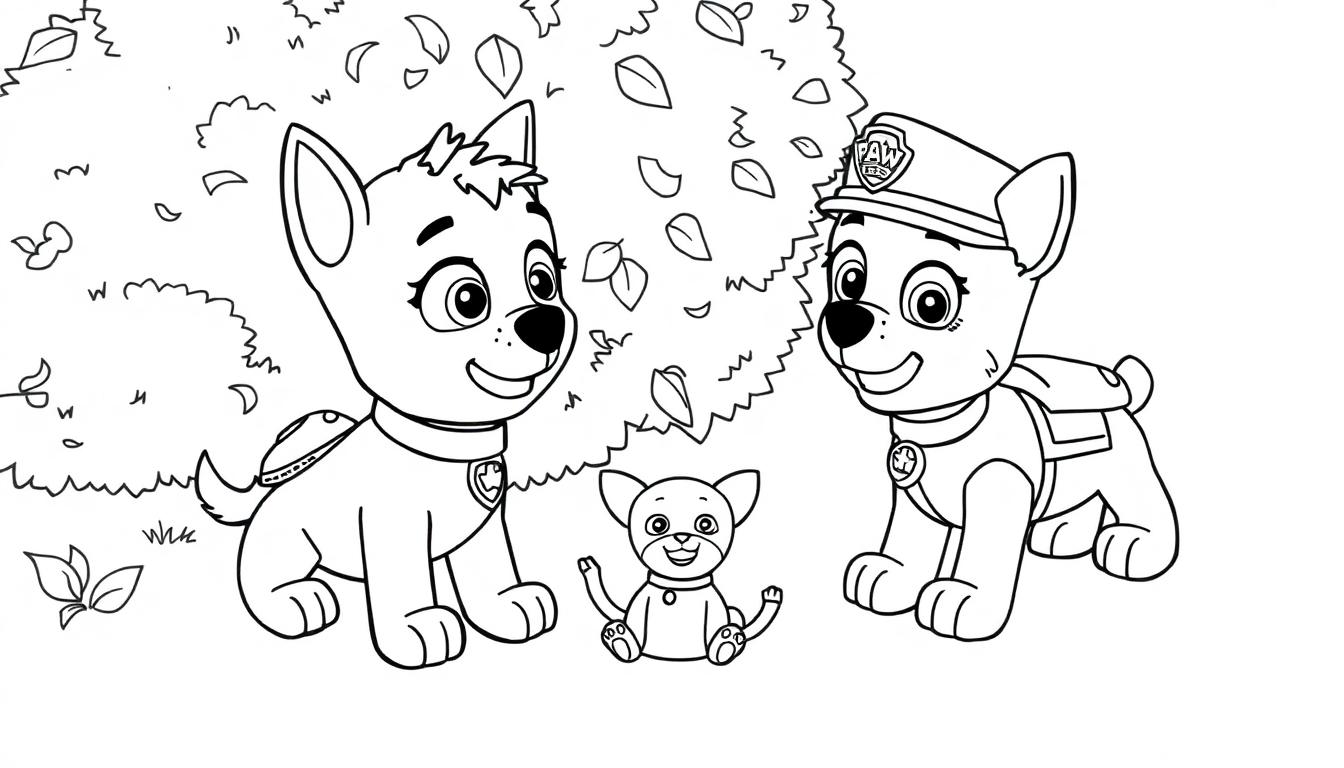 Farbtafel: Chase und Marshall von Paw Patrol mit einem Kätzchen.