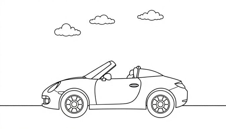 Eine Strichzeichnung eines roten Ferrari Cabrios unter drei Wolken, bereit zum Ausmalen als Farbtafel.