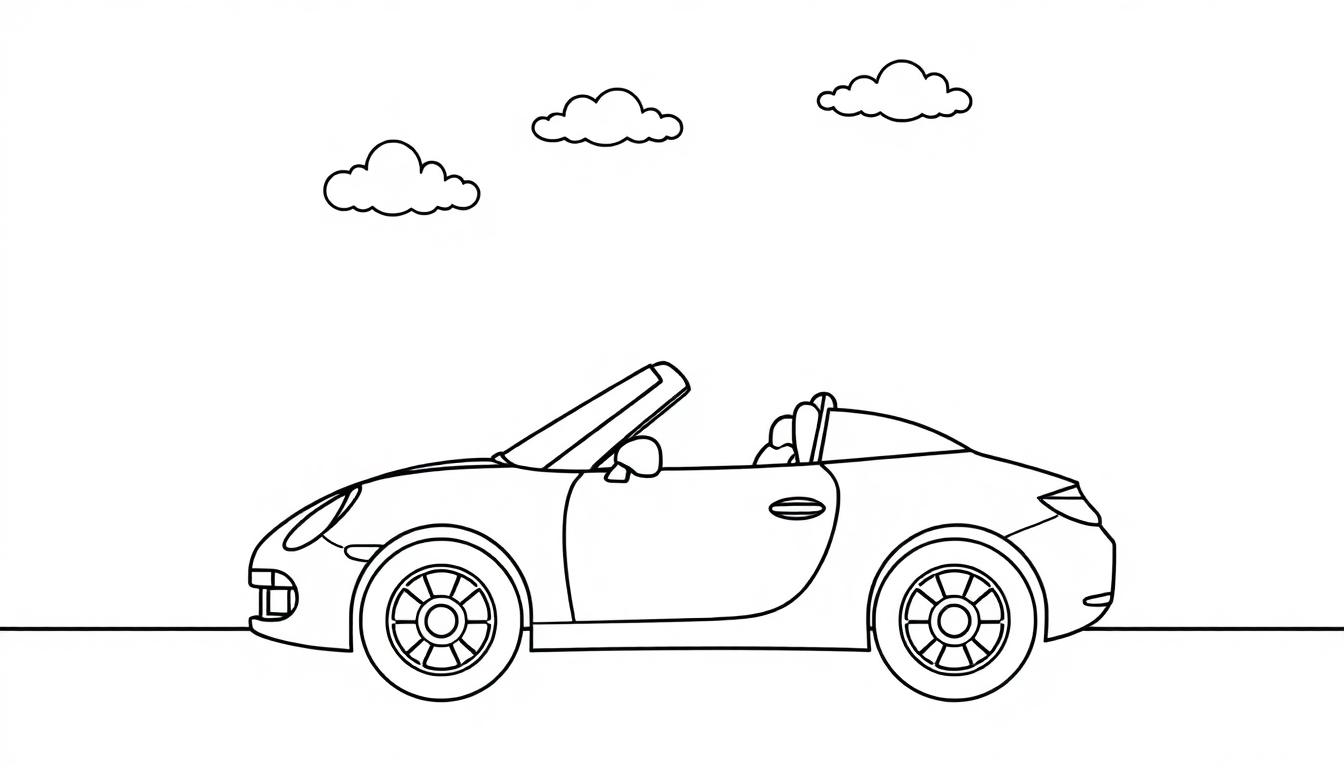 Eine Strichzeichnung eines roten Ferrari Cabrios unter drei Wolken, bereit zum Ausmalen als Farbtafel.